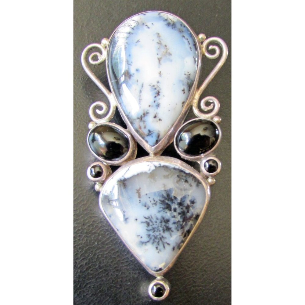 Ancient Echos California Sterling Silver Moss Agate Pendant  Onyx Hook Bale